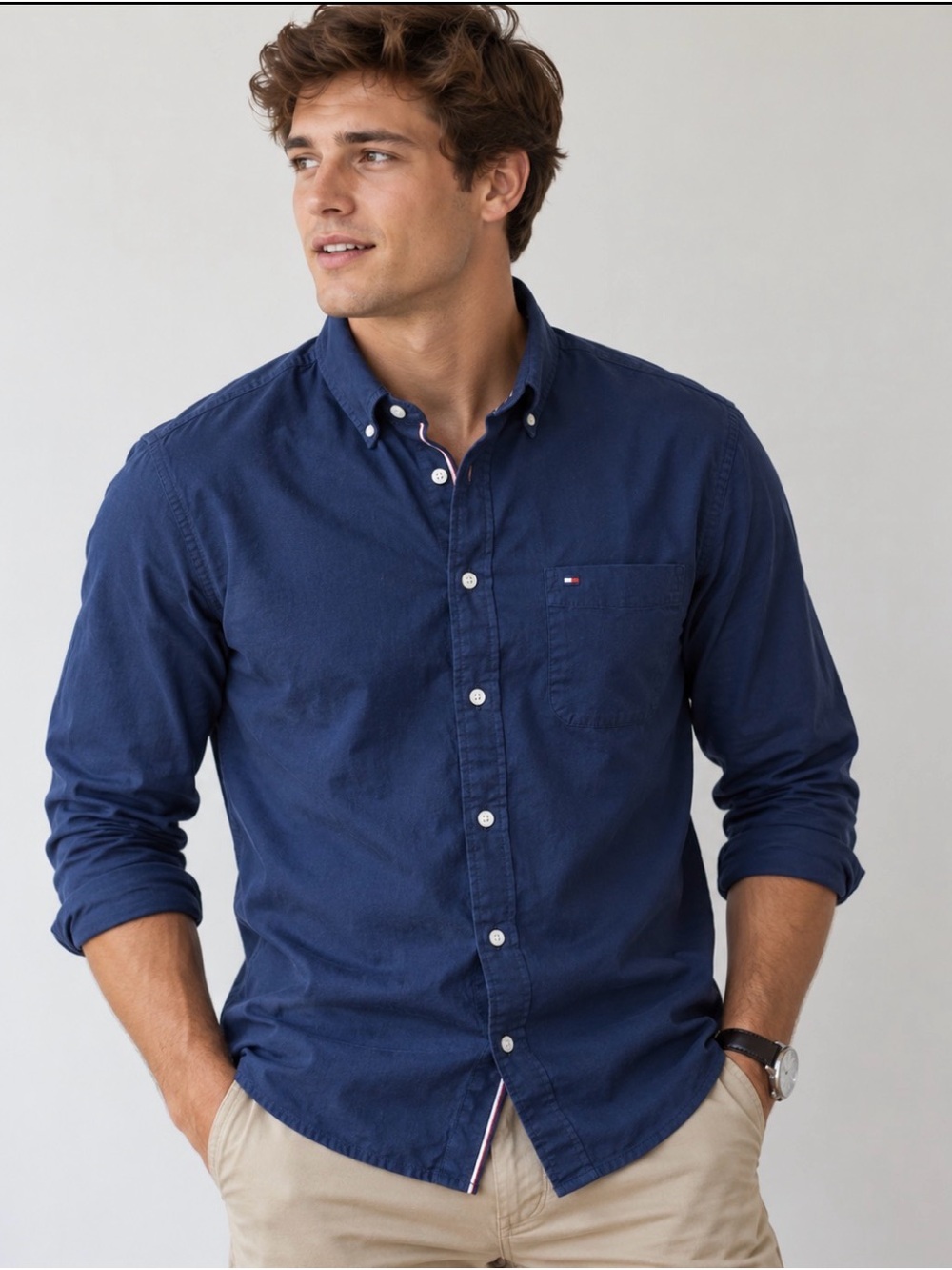 Tommy Hilfiger Shirt Mens XL Custom Fit Navy Blue Stretch Cotton Oxford LS